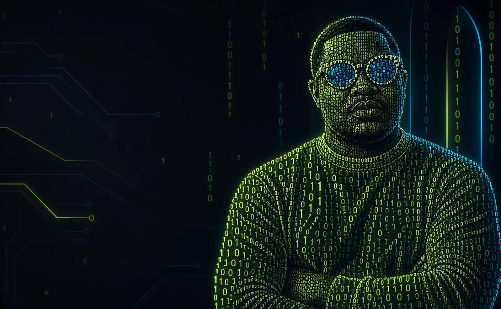 A cartoon-style AI portrait of Mayowa constructed from glowing ones and zeros